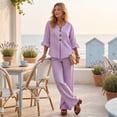 thumbnail image 5 of Women's 2 Piece Linen Matching Set V Neck Ruffle 3/4 Sleeve Button Down Gingham Plaid Top Wide Leg Pants Casual Outfit, L, 5 of 7