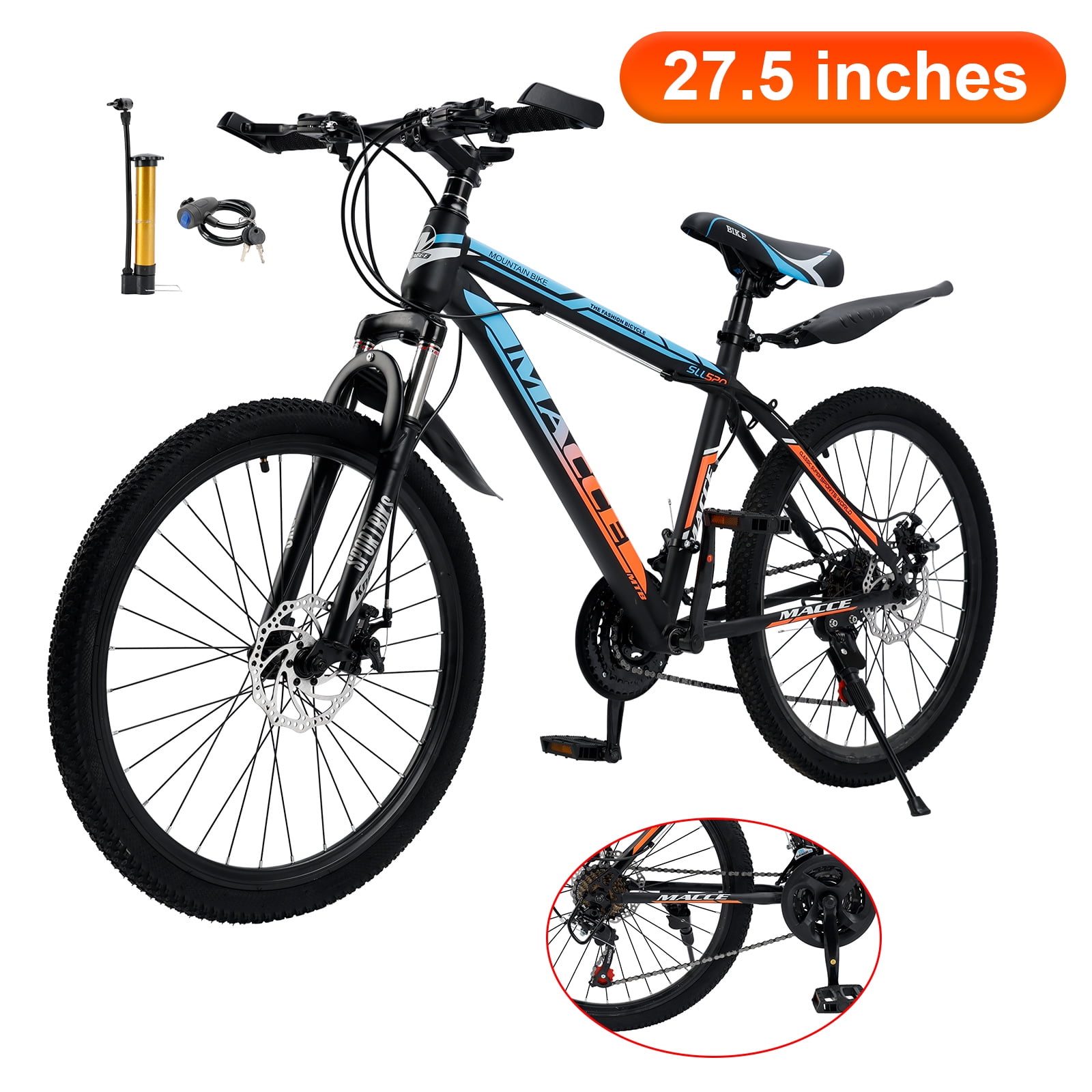 27.5" Spoke Wheel 24 Speed Mountain Bicycle Adult Bike MTB w/ fender Blue & Orange