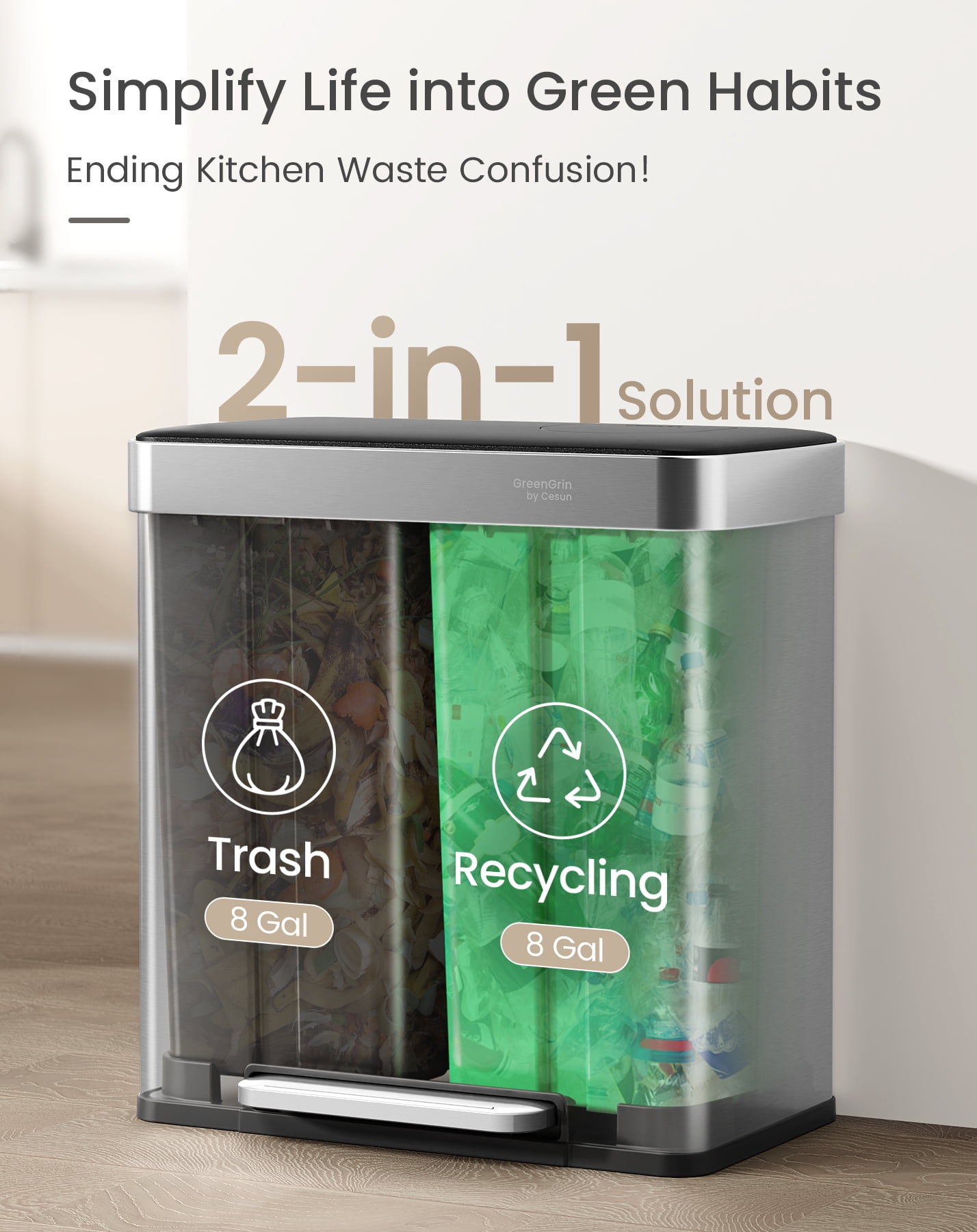 Cesun 16 Gal Dual Trash & Recycle Bin, Stainless Steel Step Kitchen Garbage Can, Push Flap, 30L+30L