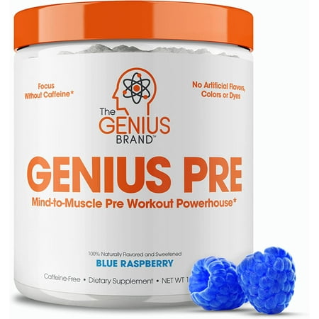 Genius Pre Workout Powder, Blue Raspberry - All-Natural Nootropic Pre-workout & Caffeine-Free Nitric Oxide Booster Supplement - No Artificial Flavors, Sweeteners, or Dyes