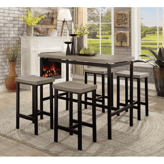 Dining Sets for Small Spaces - Black Metal & PVC Table Top with Gray Chairs, 4-Person Set, Easy Assembly