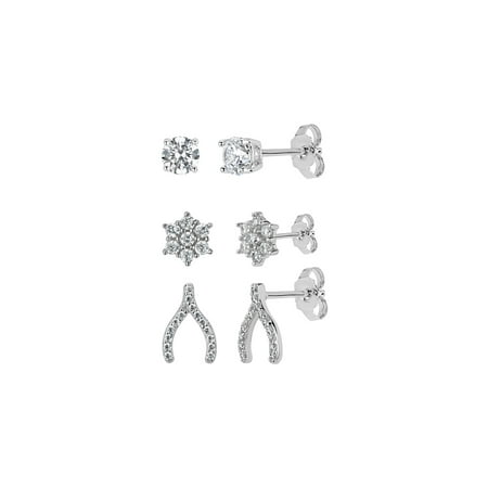 Sterling Silver Rhodium Plated White Cubic Zirconia 3 Piece Wishbone, Cluster and Stud Earrings Set