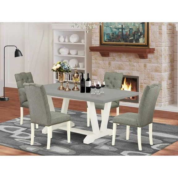 East West Furniture 5-Pc Kitchen Dining Room Set- 4 Dining Chairs with Smoke Linen Fabric Seat and Button Tufted Chair Back - Rectangular Table Top & Wooden Legs - Cement and Linen White Finish