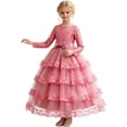 thumbnail image 5 of ZHOGXU Kids Elegant Girls Princess Dress Lightweight Mesh Layered Gown With Long Sleeve Soft Satin Bow Belt Birthday Party Outfit, 5 of 9