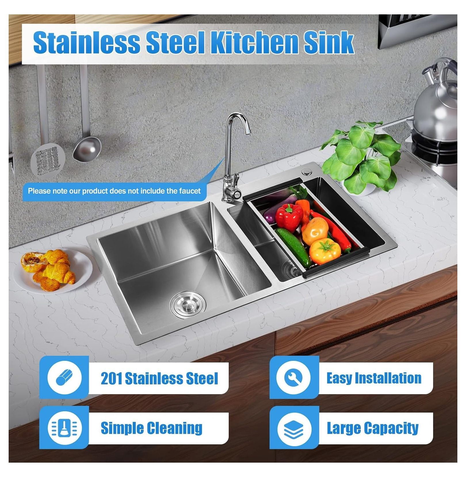Drop-in Kitchen Sink, 30x17 Inch Stainless Steel Double Bowl Sink with Drain; Black Finish for Kitchen, Garage, Laundry, Bar & Bathroom