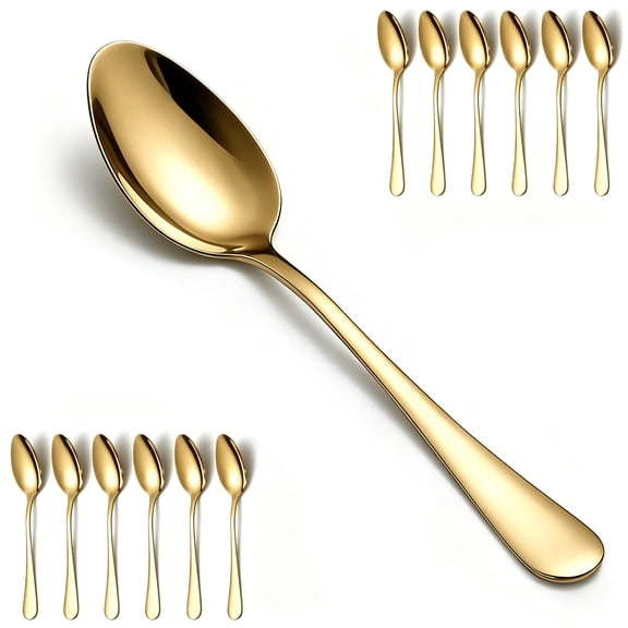 ReaNea Gold Dinner Spoons Set 12pcs, 7.36" Soup Spoon Titanium Golden Plating Food Grade Stainless Steel Silverware Spoon, Metal Tablespoon for Home, Kitchen or Restaurant, Dishwasher Safe