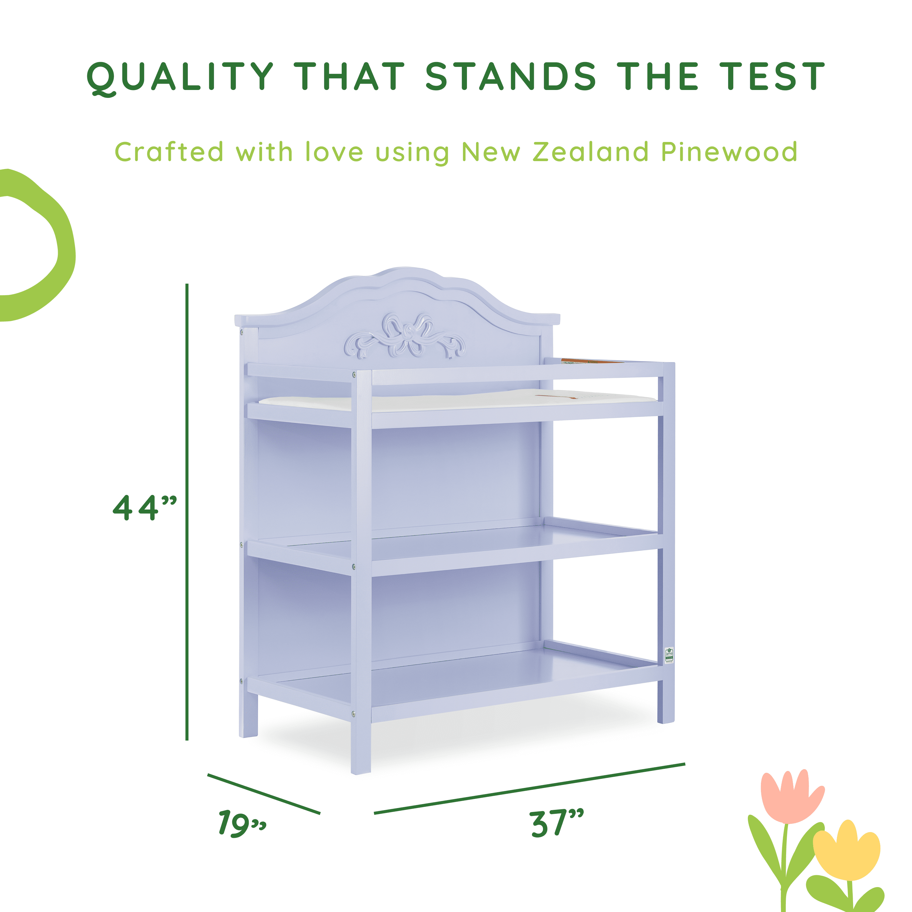 Dream On Me Jasmine Changing Table with Fixed Shelves, Lavender Ice, 1" Mattress Pad, Safety Strap
