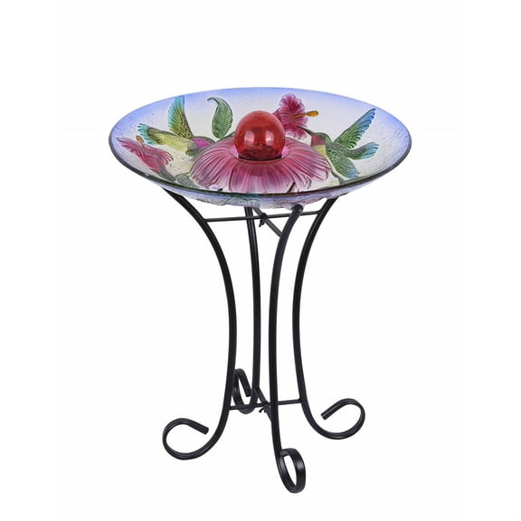 SOLAR ORB FLORAL GLASS HUMMINGBIRD BIRD BATH WITH STAND