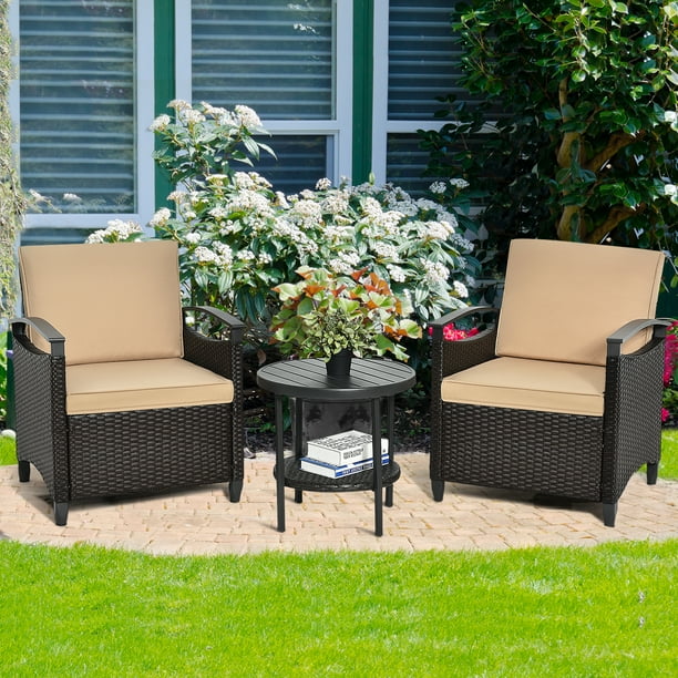 Gymax 3PCS Outdoor Wicker Bistro Set Patio Conversation Furniture Set w