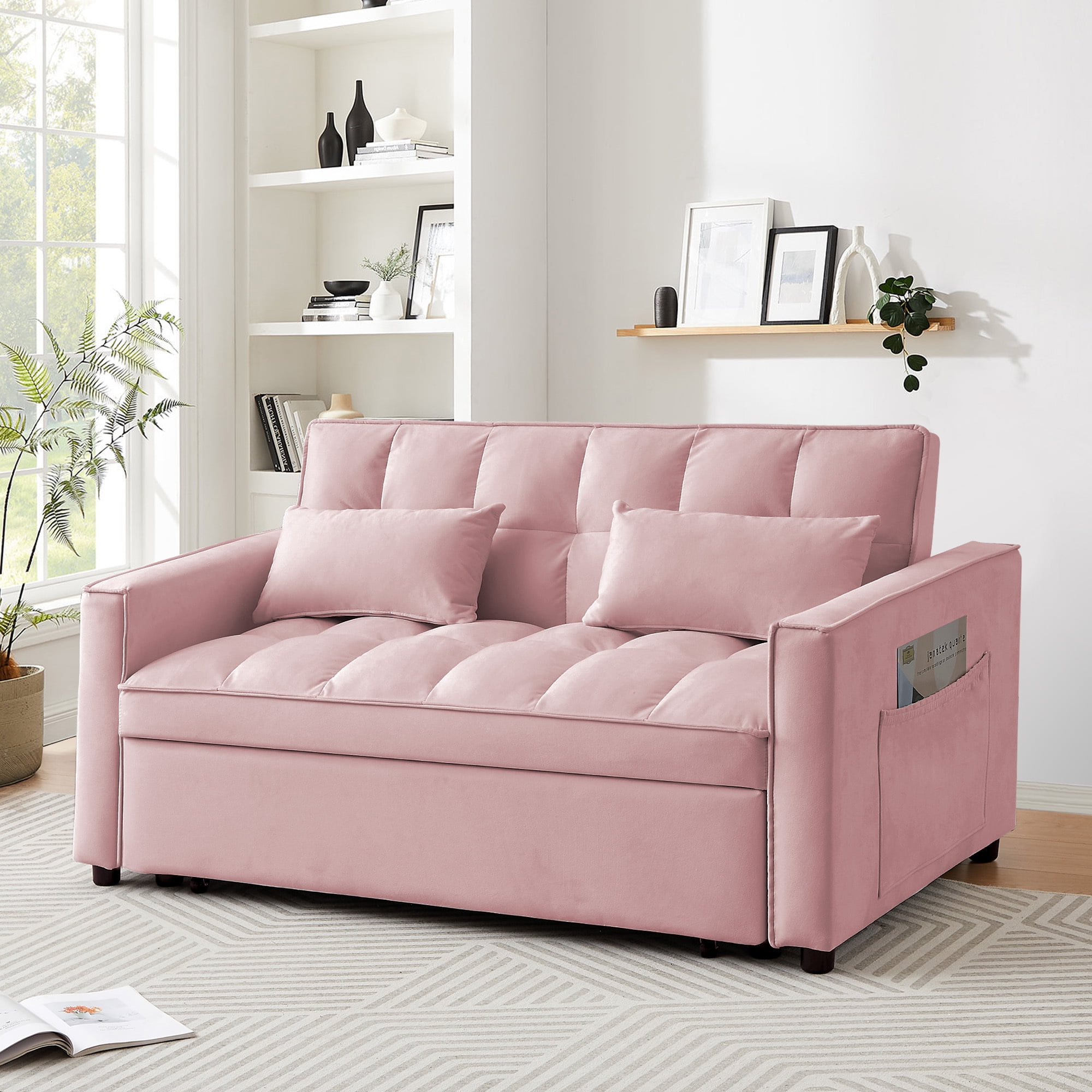Lunale 4-in-1 Convertible Futon Sofa Bed, Pull Out Couch Beds Loveseat Sleeper, Pink Velvet