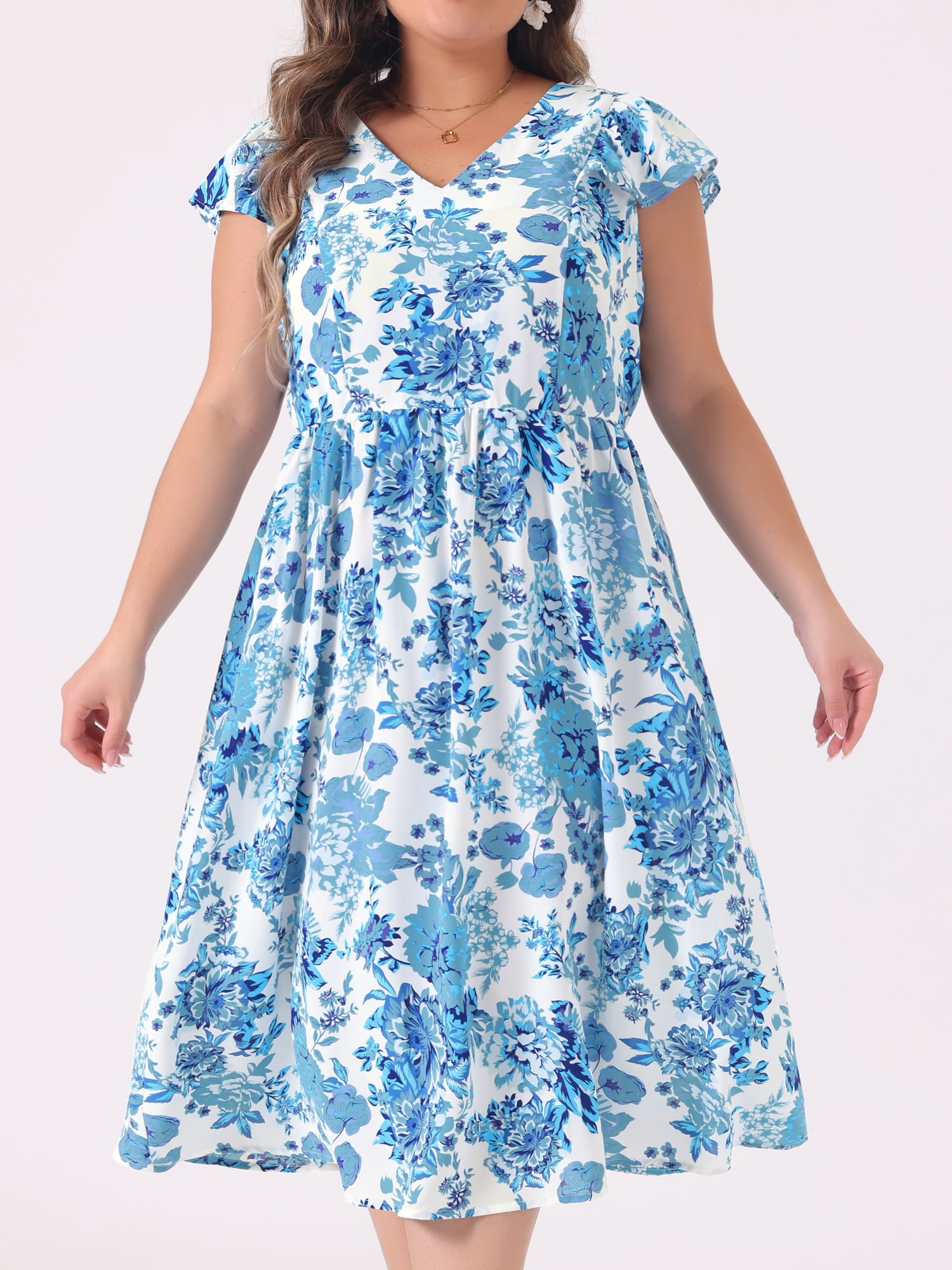 DARING DIVA Plus Size Floral Ruffle Short Sleeves Tie Back V Neck Dress 1X Blue