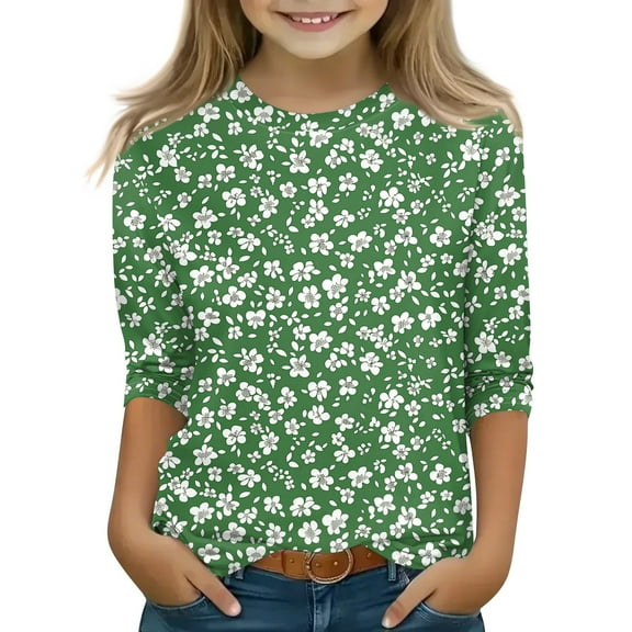 CCRFTGI Girl 10-12 Clothing on Sale Basic 3/4 Sleeve Tween Girls Tops Crewneck Floral Graphic Shirts Spring Girls Outfits 14-16 Light Green 15-16 Years