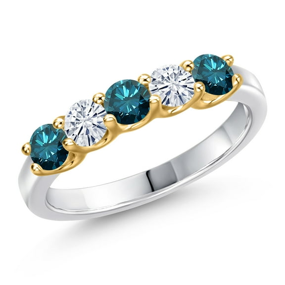 Gem Stone King 10K Two Tone Gold Blue Diamond and White Moissanite Wedding-Bands Ring for Women | 0.77 Cttw | Round 3.5MM | Gemstone April Birthstone | Size 9