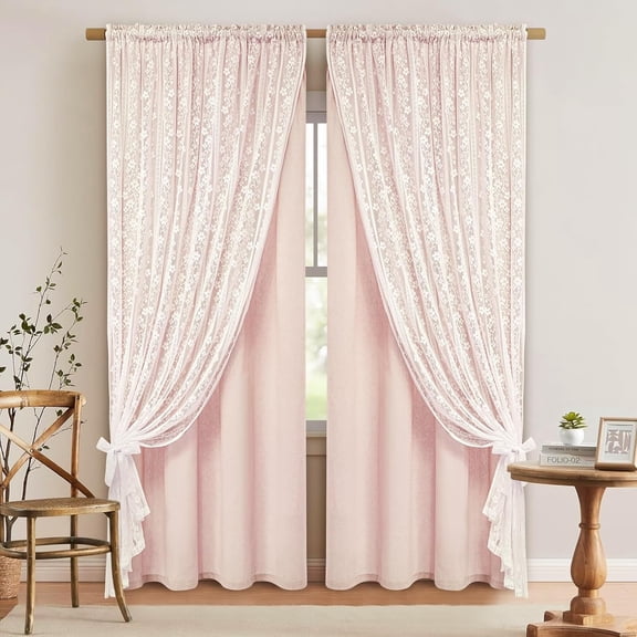 Linen Pink Curtains for Bedroom, Double Layered Curtain 84 Inch Length 2 Panels Set, Farmhouse Rod Pocket Curtains & Drapes with Tiebacks, Light Filtering Curtain for Living Room, 52 x 84 Inch