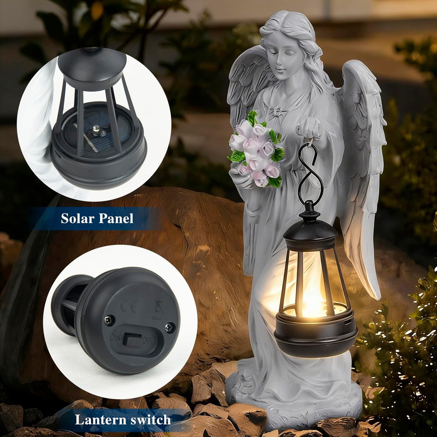 Holding Flowers Angel Garden Statue,Memory Guardian Waterproof Outdoor Solar Garden Decor with Warm Light,Praying Angel Figurine Sculpture for Lawn Yard Patio,Sympathy Gift