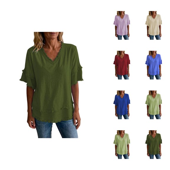 Linen Shirts for Women Summer Short Sleeve Loose Casual V Neck Raw Distressed T Shirt Lightweight Beach Tops