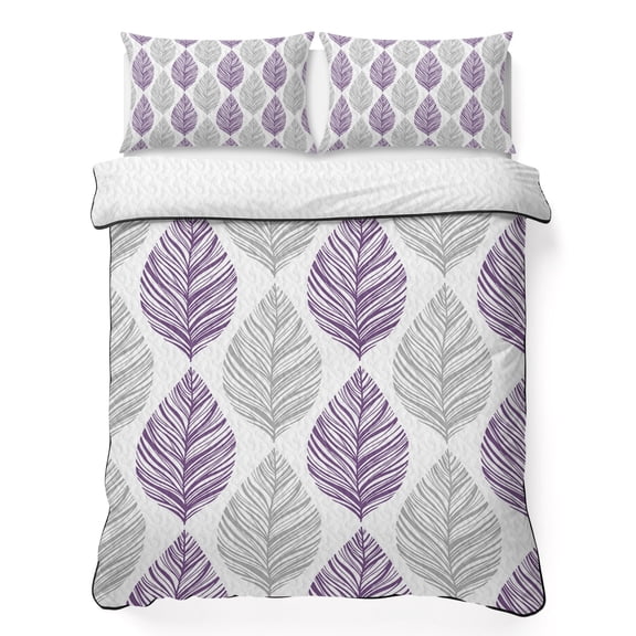 Full Quilt Set 78''x90'', Purple Gray Leaves Lightweight Summer Bedspread Coverlet Set with 2 Pillow Shams, Summer Tropical Plant Breathable All Season Quilt Bedding for Bedroom/Guest Room