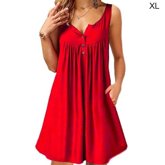 Vestido de mujer Chaleco con botones plisados Camiseta Vestido sin mangas con bolsillo informal, Rojo, XL seitruly AP002060-14
