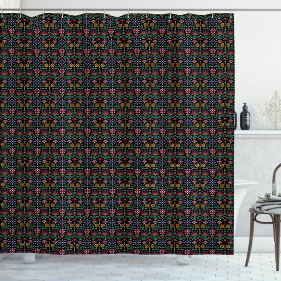 Colorful Shower Curtain, Traditional Flower Pattern in Vibrant Colors Stars and Dashed Lines Arrangement, Fabric Bathroom Set with Hooks, 69W X 70L Inches, Multicolor, by Ambesonne