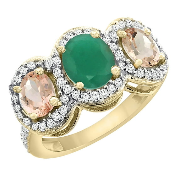 10K Yellow Gold Natural Emerald & Morganite 3-Stone Ring Oval Diamond Accent, size 5.5