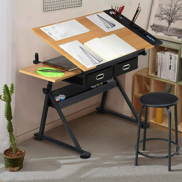 Glass Drafting Table Art Desk Adjustable Professhional Artwork Drawing Drafting  Table Desk, Glass-Topped Art Table for Craft Station Studio Home Office  School w/Drawers/Chair Black 