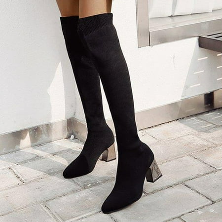 

eczipvz Womens Shoes Women Over Knee Boots Autumn and Winter Comfortable Fashion Pointed Toe Square Heel Knit Solid Color Slip On Boot Women (Black 8)
