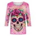 thumbnail image 5 of Tops for Women Plus Size Day Of The Dead Printed 3/4 Sleeve Round Neck Three Quarter Sleeve T-shirt Loose Round Neck Top Multicolor4 XXXXXL, 5 of 5