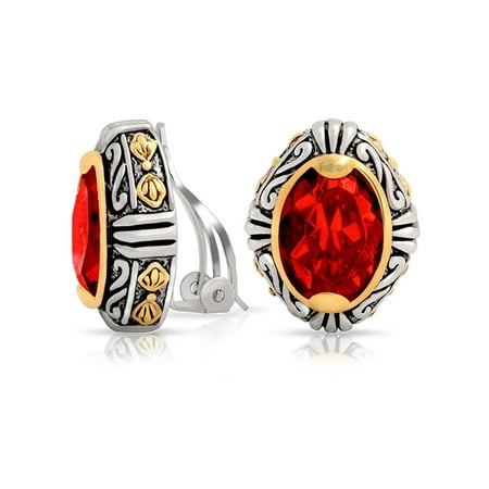 Ruby Simulated Earring (Bali Style Red Crystal Oval Two Tone Clip On Earrings For Women Simulated Ruby Non Pierced Silver Gold Plate)