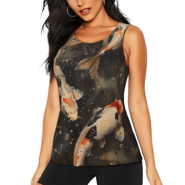 Balery Koi Fish Tranquility Camiseta sin mangas estampada ligera para mujer, tops de entrenamiento sin mangas, camisetas de yoga transpirables de secado rápido.-Small