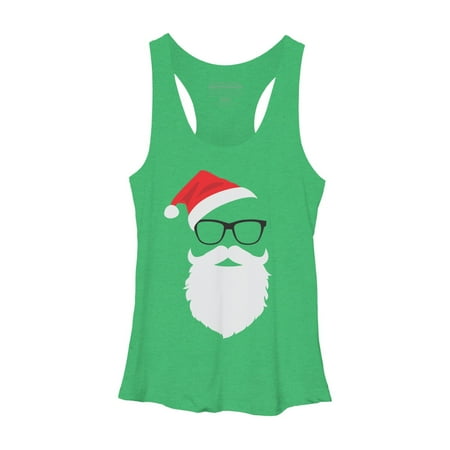 Hipster Santa Face with Hat beard & Glasses Christmas Womens Green Heather Graphic Racerback Tank Top - Design By Humans XL