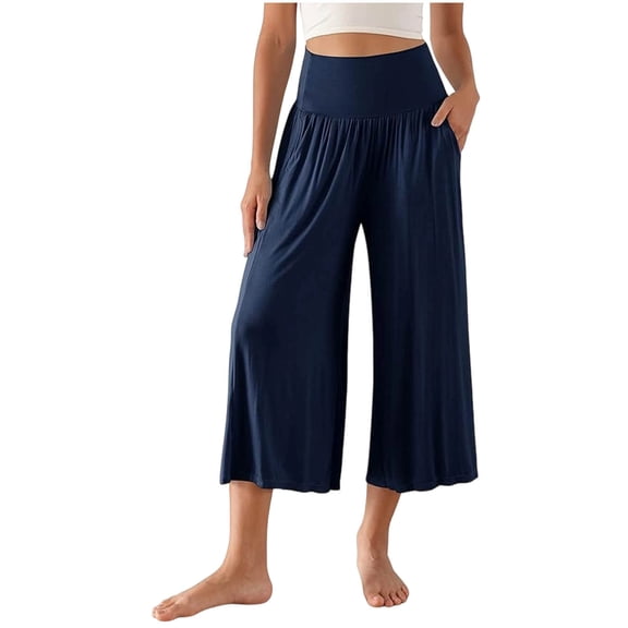 biudgviw Capris for Women with Pockets High Waist Pull On Pajama Pants Comfy Casual Wide Leg Capri Pants for Workout Yoga