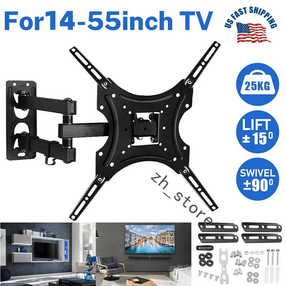 Universal TV Wall Mount Bracket for 14-55 Inch Screens, Full Motion Articulating Swivel Tilting TV Mount with 180° Tilt, Max Load 55 LBS - Black