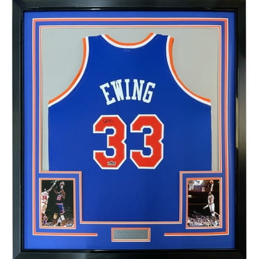 Framed Facsimile Autographed Patrick Ewing 35x39 New York Blue Reprint Laser Auto Basketball Jersey