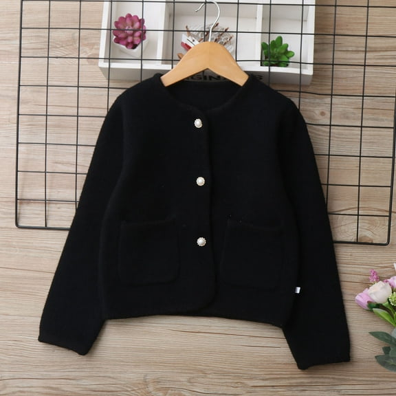 dazeni Girls Button Down Sweater Coat Fashion Long Sleeve Cardigan Sweater Solid Fall Winter Casual Outwear with Pockets Black 12 Years
