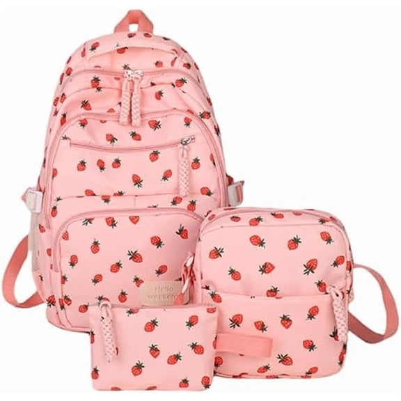 Bow Backpack for Women 3Pcs Set Kawaii Coquette Nylon Backpack Cute College Laptop Rucksack Fashion Travel Daypack 2025 New (Pink Strawberry)