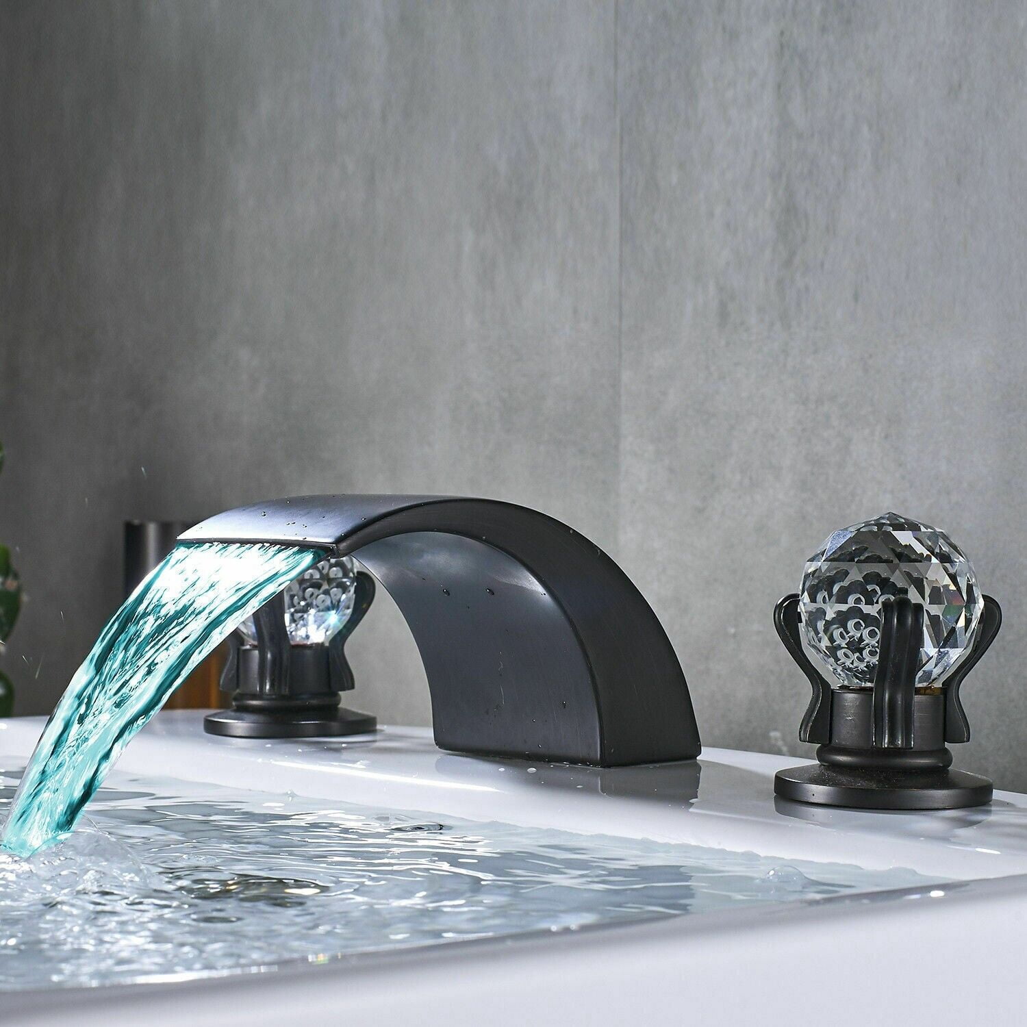 Black Widespread Bathroom Basin Sink Faucet LED Spout 2-Handle 3 hole Mixer Tap