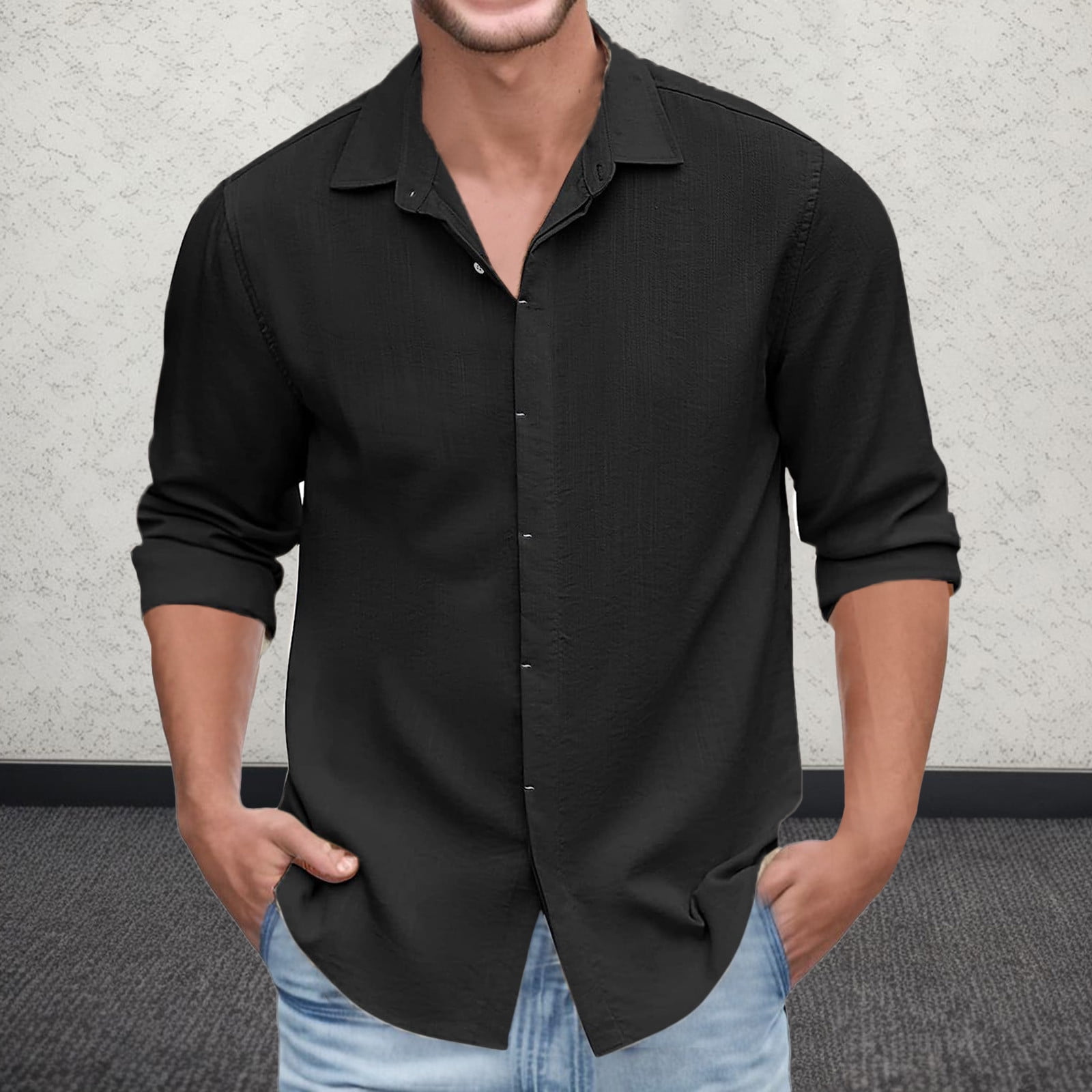 Men s Casual Button Down Shirts Long Sleeve Textured Linen Summer Beach Shirt with Pocket Black 3XL