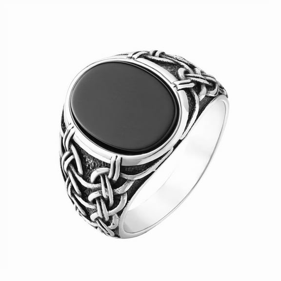PAMTIER Men's Stainless Steel Unique Vintage Twist Knots Weave Rope Pattern Carved Oval Synthetic Turquoise Gemstone Signet Ring Black Size 13