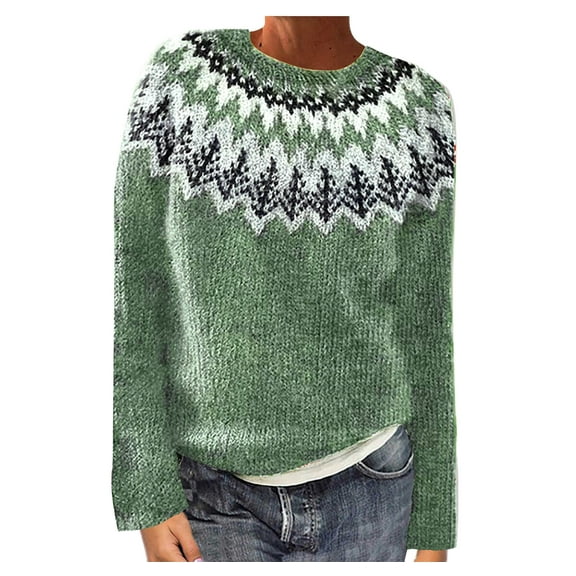 Guluxicc Sweaters for Women Crewneck Long Sleeve Vintage Sweaters Tops Winter Warm Cozy Pullovers Outfits, Green, XL