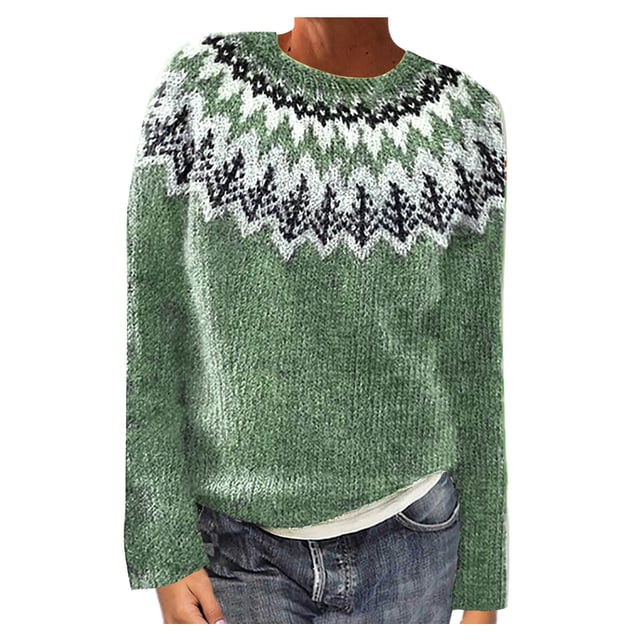 Wiyuqeen Chandails Tricotés à Blocs de Couleur pour Femmes à Manches Longues, Chandail à Motif Fair Isle, Col Rond, Chandails Vintage, Chandails Raglan d'Automne
