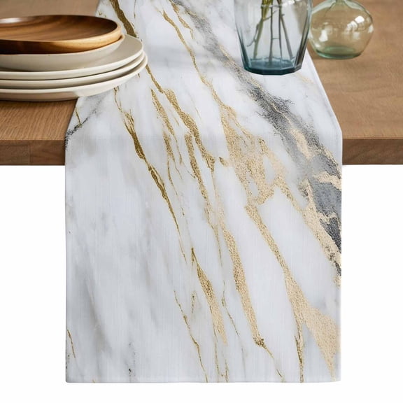 Marble White Gold Table Runner, Modern Abstract Geometric Washable Cotton Linen Table Runners 48 Inches Long, Dresser Scarf Runner for Nightstand/Coffee/End Tables 13''x48''