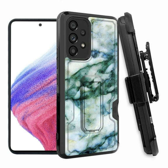 ANJ  Rugged Shockproof Hoster Case w/Card Slot, Kickstand   Tempered Glass Cover for Samsung Galaxy A33 5G - Classic Green Marbling