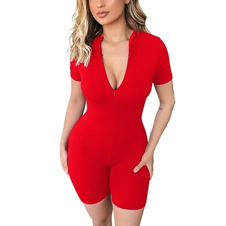 

BSDHBS Utility Jumpsuit Women Women s Short Sleeve Jumpsuit Bodysuit Bodycon Shorts Solid Color Stretchy Onesie Romper