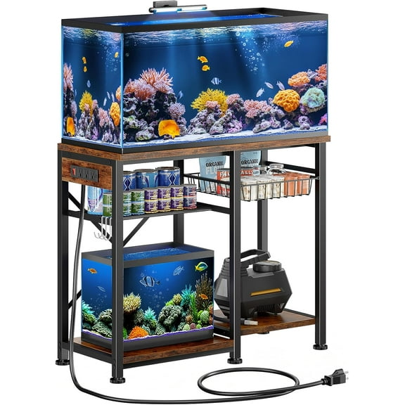 20-29 Gallon Aquarium Stand with 6 ft Power Strip, 5-Tier Metal Frame Fish Tank Stand 20 Gallon Fish Tank Stand 31.5" L*15.75" W Tabletop 400lbs Capacity (Vintage Brown, 20-29 Gallon)