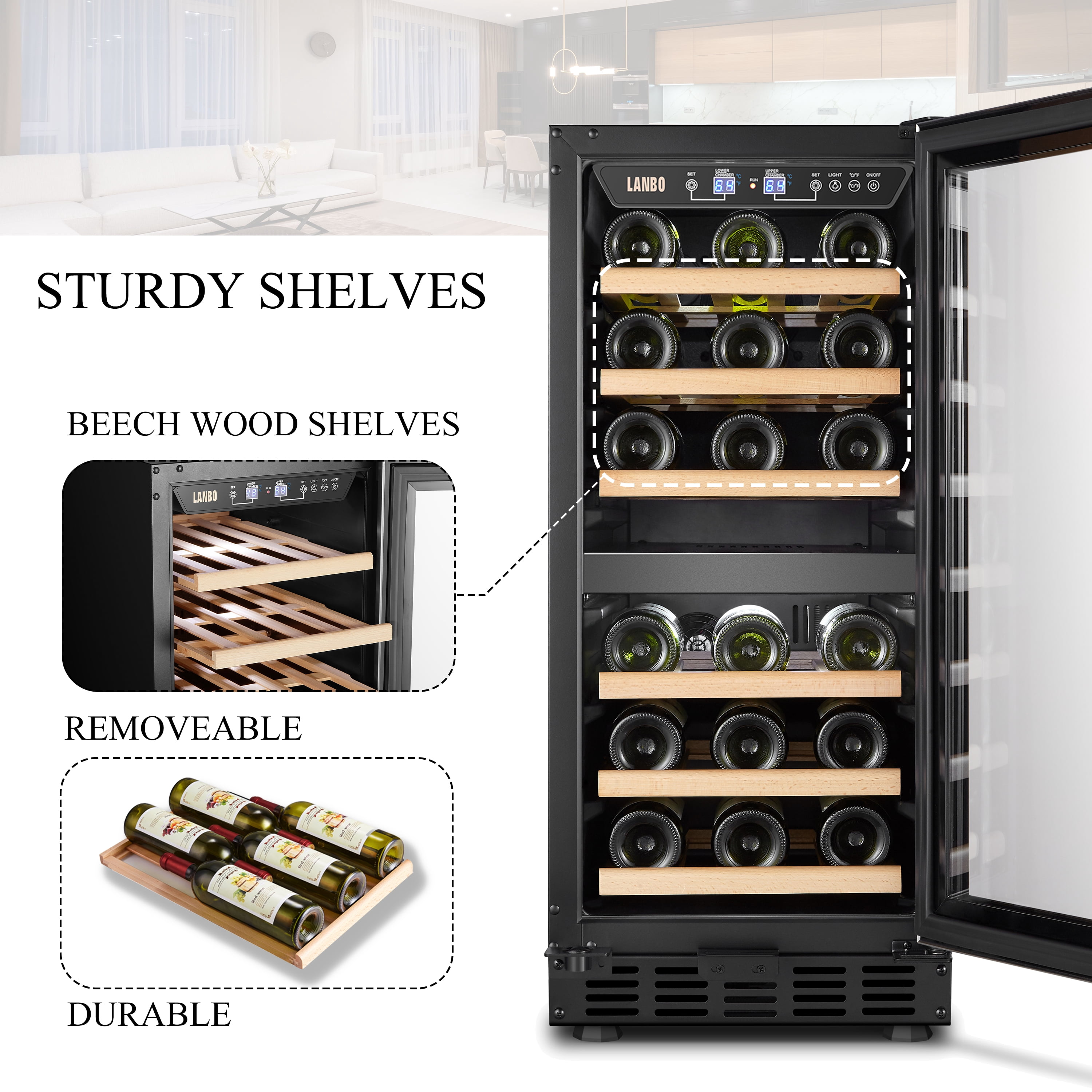 Lanbo 26 Bottle Under Counter Dual Zone Wine Cooler Refrigerator 15 inch Width