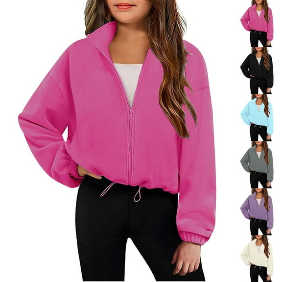 MKOSPLRT Girls Zip Up Fleece Jacket Stand Collar Crop Sweatshirt Coats Solid Long Sleeve Drop Shoulder Jacket 6-13 Years