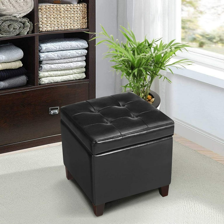 Black PU Leather Square Storage Ottoman Lift Top Footstool with