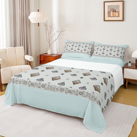 Homewish Tribal Aztec Square Queen Sheet Sets, Retro Damask Flower Flat Sheet, Blue Bohemian Style Queen Fitted Sheet, 4 Pieces