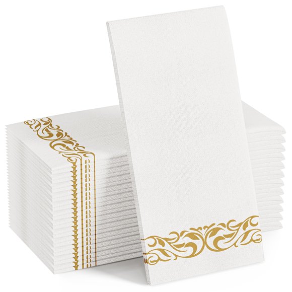 FOCUSLINE 100 Linen Feel Disposable Bathroom Napkins, Guest Towels Disposable Bathroom Soft, Absorbent Napkins Paper, Disposable Hand Towels for Bathroom, Parties, Weddings, Dinners, Gold, 12" x 17"