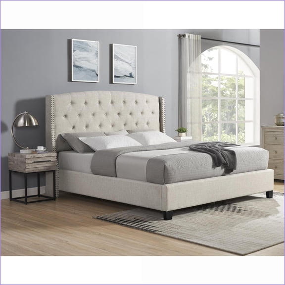 Astral 3-Piece Upholstered Bedroom Set, Tufted Wingback Bed with 2 Light Gray Nightstands | Queen/King | Engineered Wood | Wingback Beds